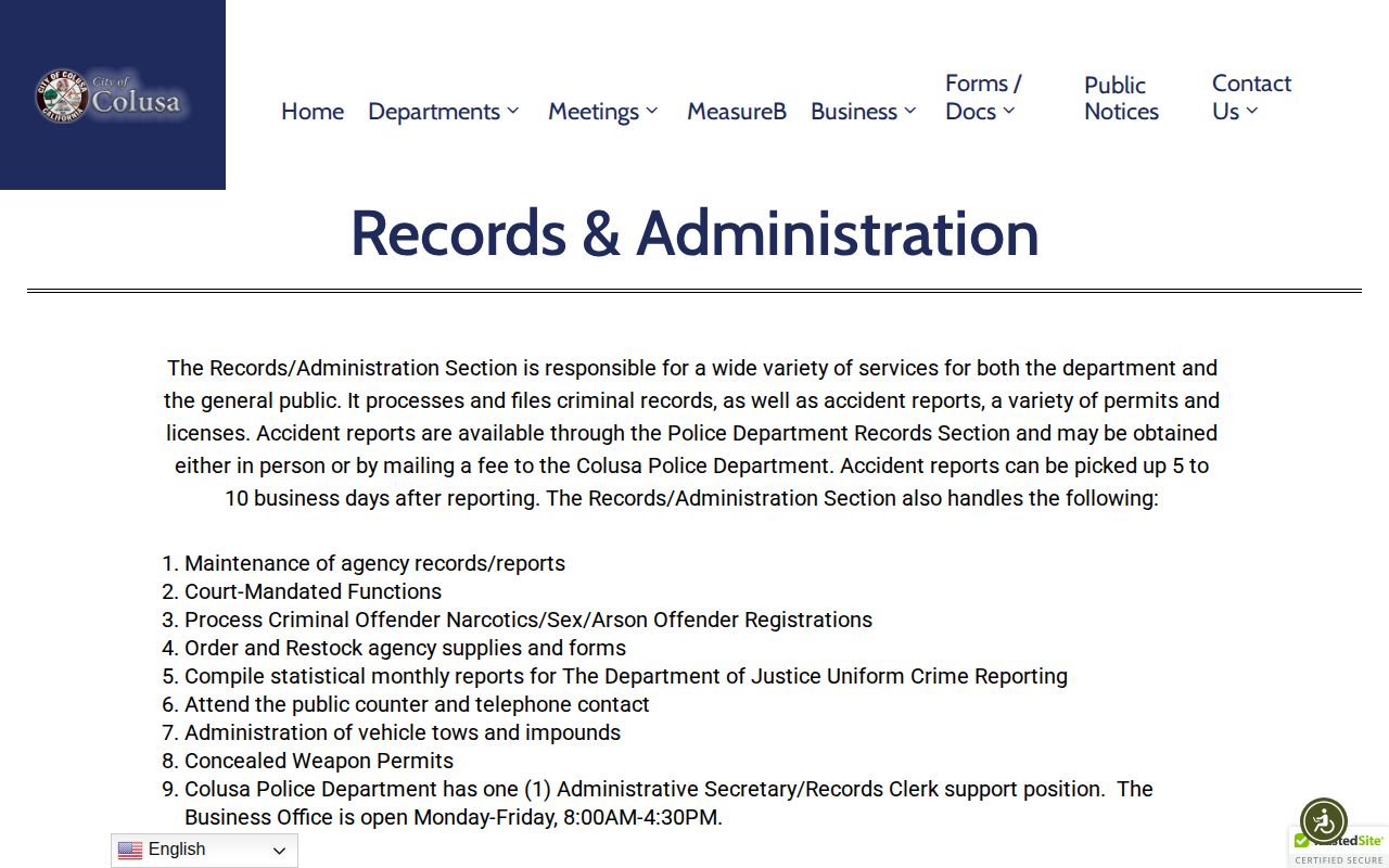 Colusa Police Department arrest records request page for Colusa County