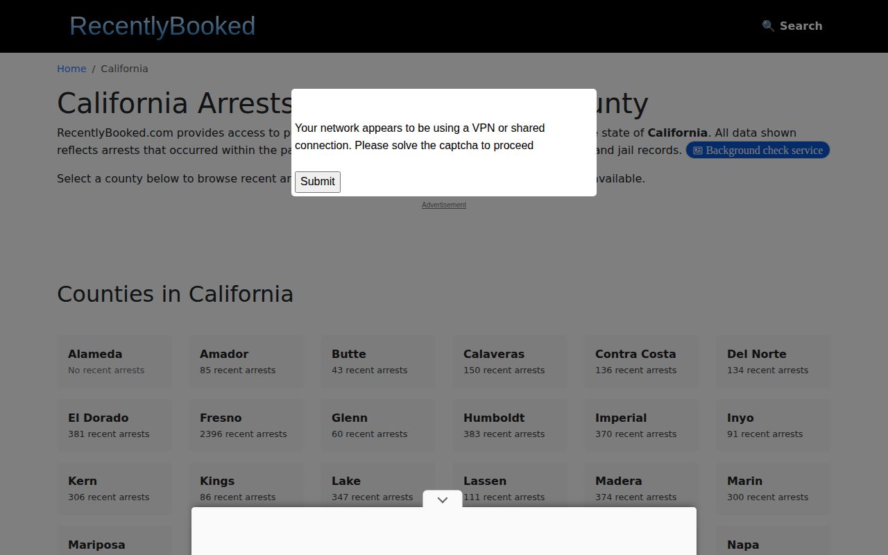 California arrest site inventory showing no Colusa County section
