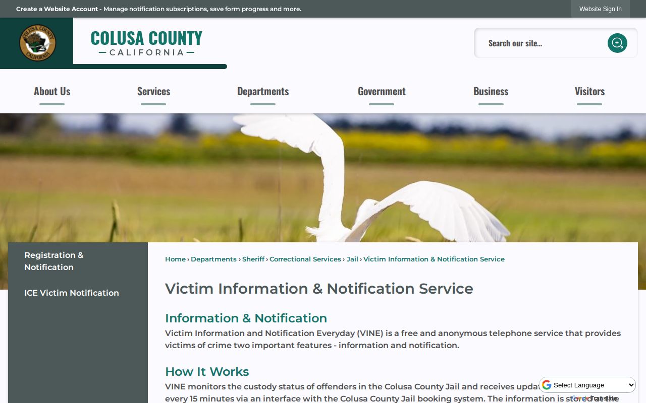 Colusa County VINE booking custody status and notification service