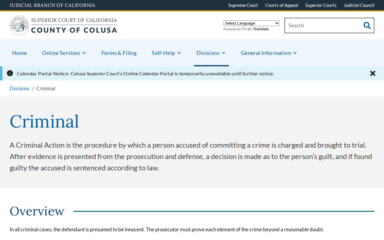 Colusa County warrant and criminal case index route
