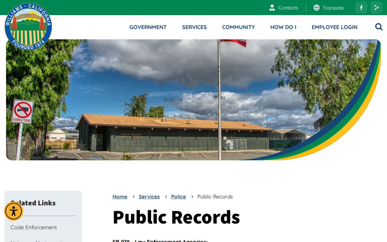 Williams Police Department public arrest records request page in Colusa County